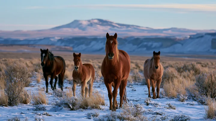 Wild horses near canyon cliffs graze on snowy terrain.