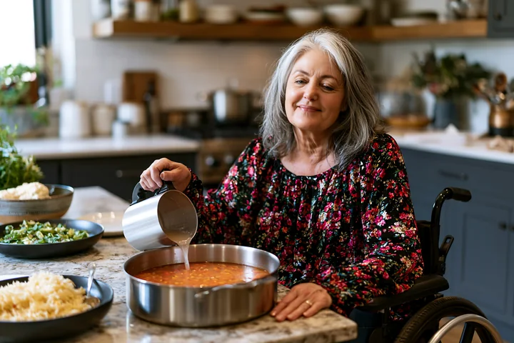 Woman in a wheelchair pours soup from a handled pitcher into a pot in a bright home kitchen.