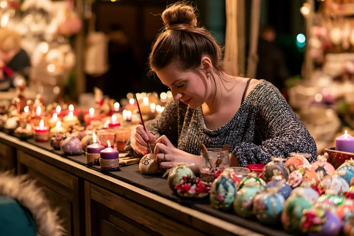 Woman paints a wooden ornament at a Christmas market stall surrounded by colorful decorations and lit candles.