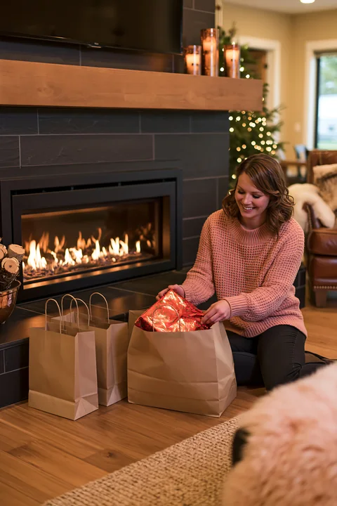 Woman unpacking a wrapped gift from shopping bags beside a lit fireplace in a festive living room.