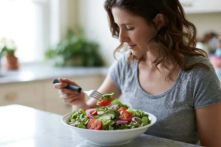 Woman with limited hand mobility uses a fork to eat salad at a bright kitchen table.