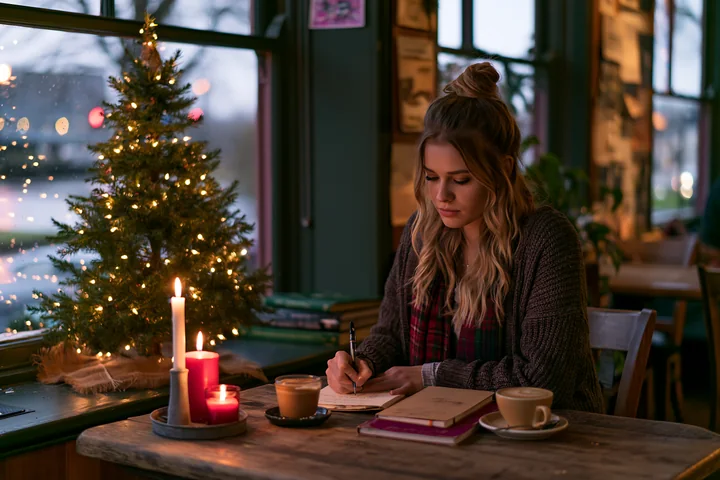 Woman writes in a notebook at a coffee shop table beside a lit Christmas tree, candles, coffee, and books.