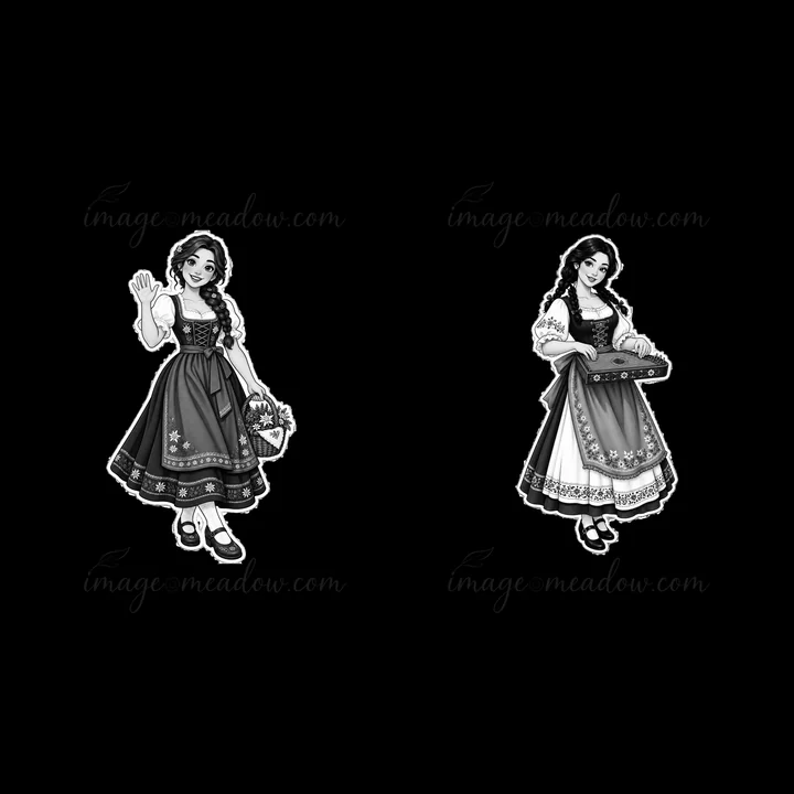 Two women in traditional folk dress are depicted. One woman waves while holding a basket, and the other plays a musical instrument. Their attire shows cultural