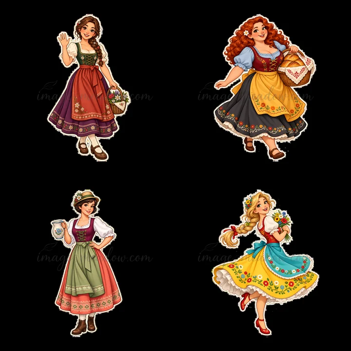 Four women wear colorful folk dresses and hold various accessories. Each character displays distinct styles and expressions. The setting suggests a festive atmo