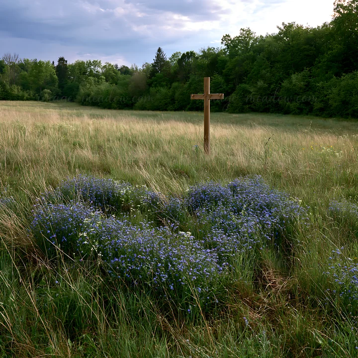 A wooden Christian cross stands in a grassy meadow filled with blue flowers. The scene captures the beauty of nature with trees in the background under a cloudy