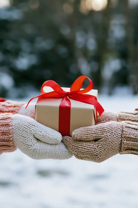 Wrapped gift with a red ribbon rests on knitted blankets against a softly blurred winter background.