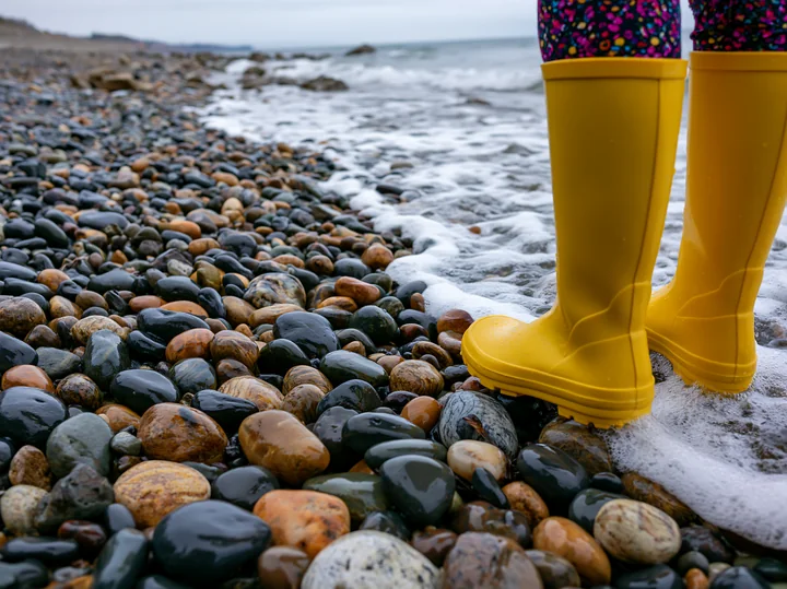 Yellow patterned rain boots stand on wet pebbles beside foamy waves on an overcast coastline beach.
