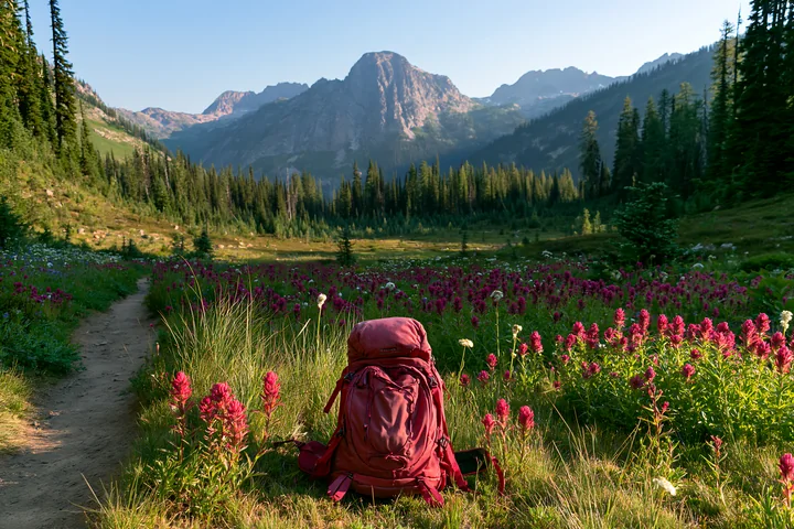 A backpack sits on a trail surrounded by a wildflower meadow below rocky peaks.