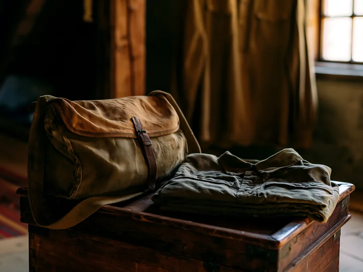 A bag and folded clothing from Soviet military uniforms are placed on a wooden table in a room with warm lighting.