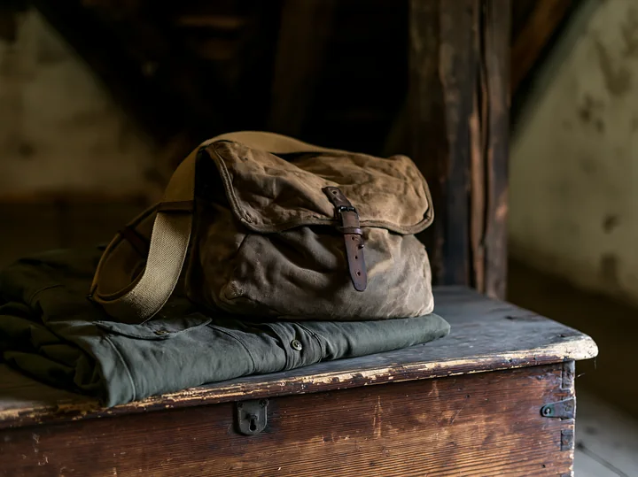 A bag and uniform laid on a wooden table showcase Soviet military uniforms from a past era.