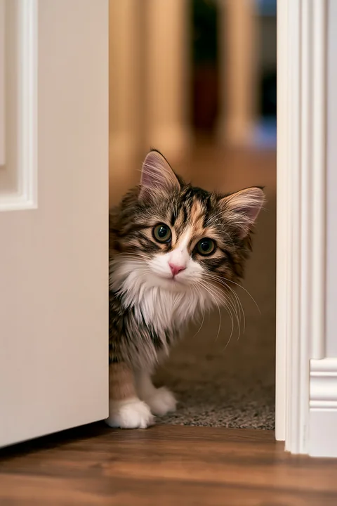 A Bambino cat indoors is seen peeking out from behind a door.