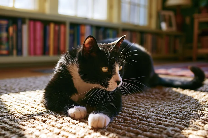 A Bambino cat lies on a woven rug in a sunlit room.