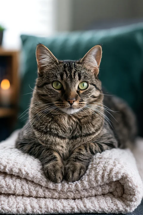 A Bambino cat rests on a soft blanket in a cozy indoor setting.