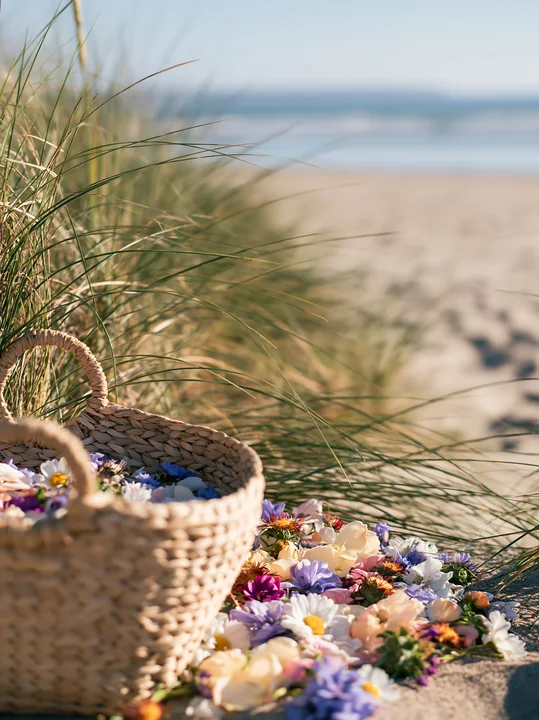 A basket filled with wildflowers lies on the sand near the ocean, surrounded by beach grass.