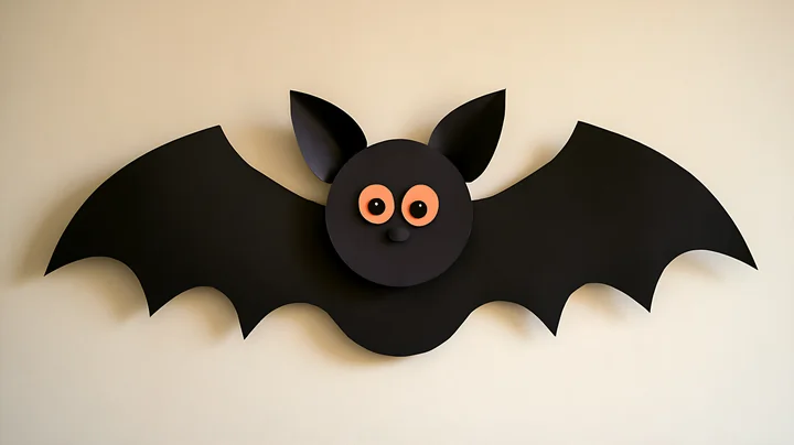 A bat decoration hangs on a wall, featuring a rounded black body, large pointed ears, and orange eyes.
