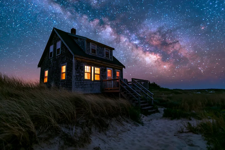 A beach house stands near sand dunes under a starry sky with the Milky Way visible.
