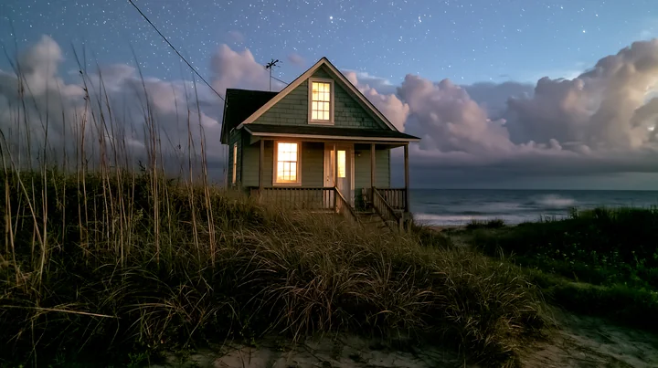 A beach house stands on the shoreline, lit from within, surrounded by tall grass and the ocean.