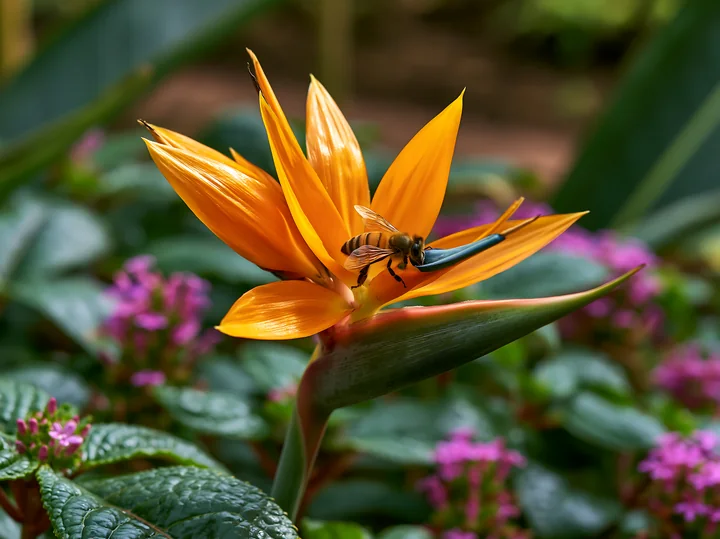 A bee collects nectar from a bird of paradise flower in a greenhouse filled with green plants and colorful blooms, showcasing the vibrant natural environment.