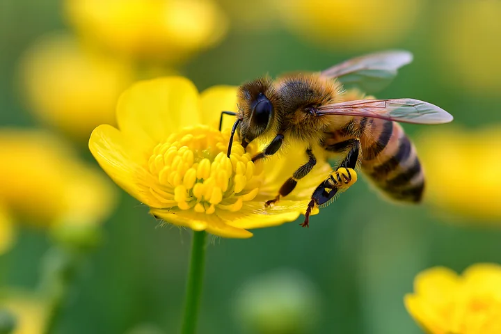 A bee collects nectar from a yellow buttercup flower on an island covered with buttercups.