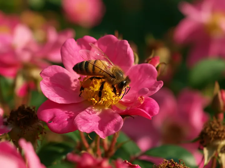 A bee collects pollen from a pink rose flower in a vibrant garden full of blooming roses.