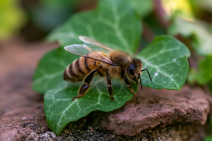 A bee gathers pollen on a leaf in a cottage garden filled with vibrant phlox flowers.