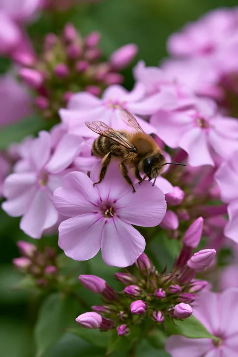 A bee is collecting nectar from pink flowers in a garden.