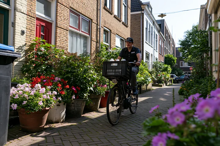 A bicycle with a basket rides along a narrow street surrounded by flowers and houses.