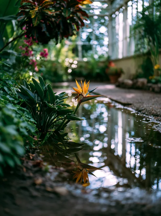 A bird of paradise flower grows near a small pool of water inside a greenhouse.