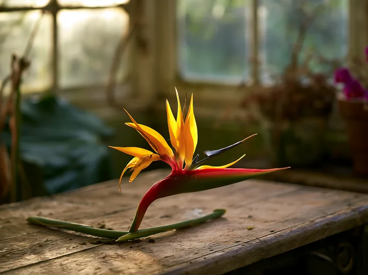A bird of paradise flower is displayed on a wooden table inside a greenhouse.