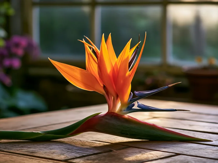 A bird of paradise flower stands on a wooden table inside a greenhouse.