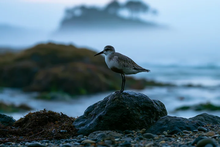 A bird stands on a rock along a coastline covered in sea fog as waves crash gently in the background.