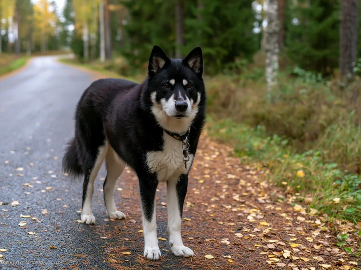 A black and white dog stands on a winding country road with fallen leaves.