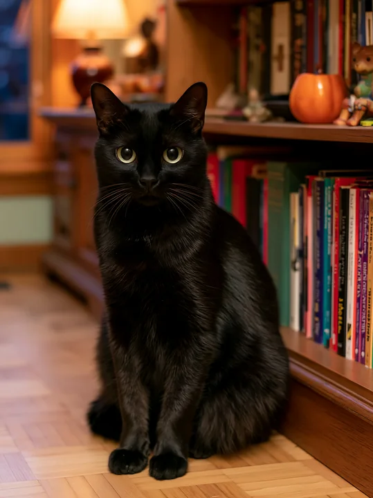 A black cat sits calmly next to a bookshelf filled with various books.