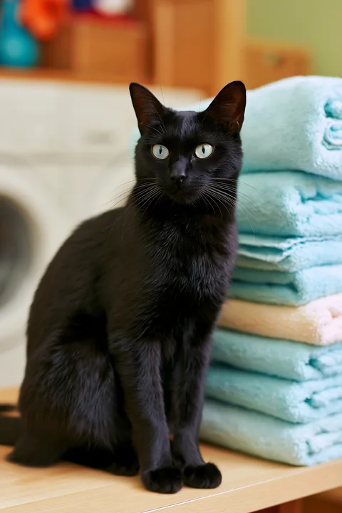 A black cat sits next to neatly stacked towels in light blue, with a washing machine in the background.
