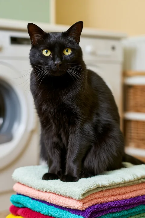 A black cat sits on a pile of neatly folded towels in a laundry room.