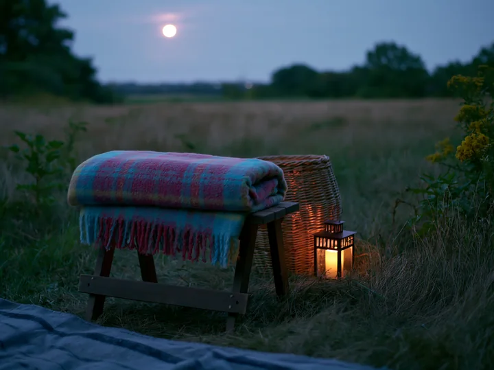 A blanket rests on a wooden stool next to a lantern in a meadow beneath a full moon.
