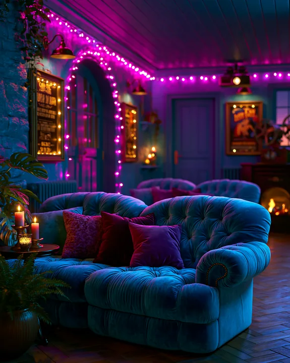 A blue velvet sofa sits in a warmly lit living room.
