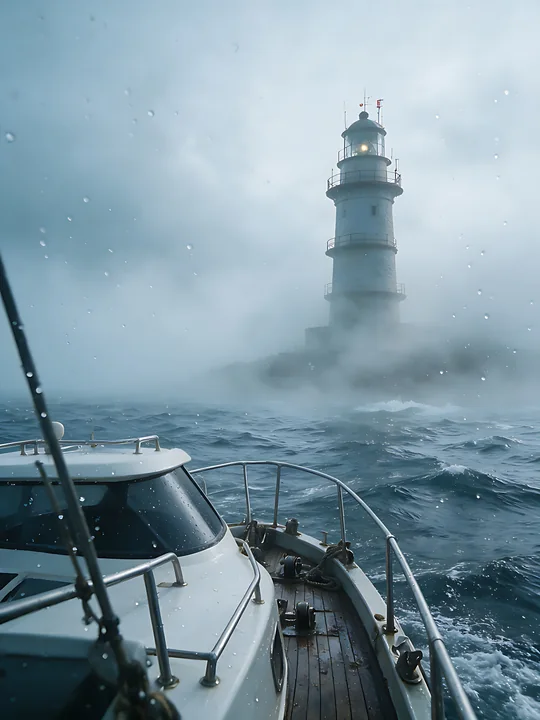A boat approaches a lighthouse in heavy ocean fog, its light shining through the dense mist.