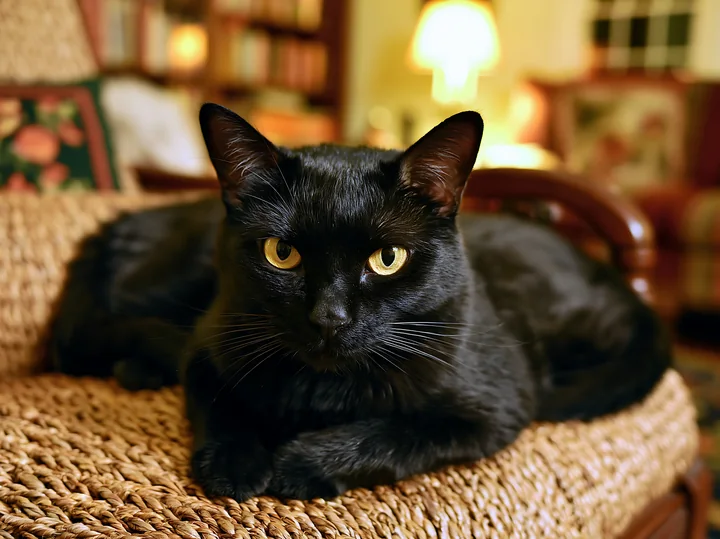 A Bombay cat indoors lies on woven furniture, focused on its surroundings.