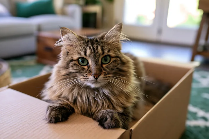 A Bombay cat sits in a cardboard box in a bright living room setting.