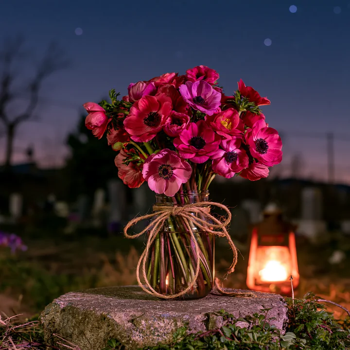 A bouquet of pink flowers is placed on a grave in a cemetery at night.