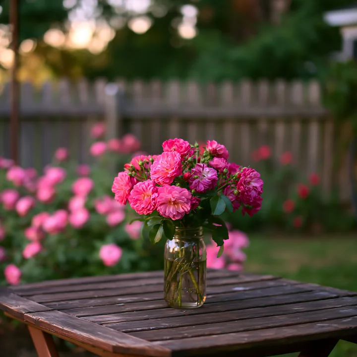 A bouquet of pink roses stands on a wooden table in a cottage garden.