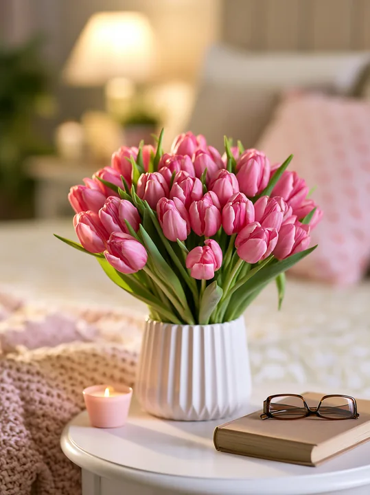 A bouquet of pink tulips sits on a bedside table next to a book and a lit candle.