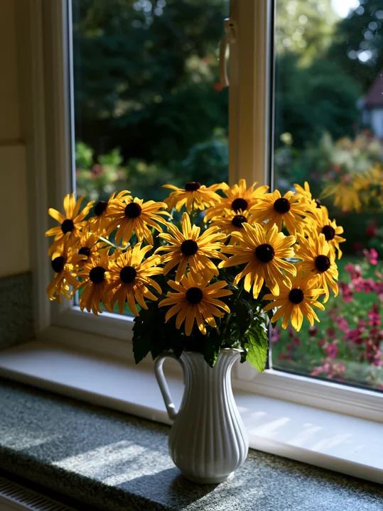 A bouquet of rudbeckia flowers in sunlight sits in a white vase on a window sill.