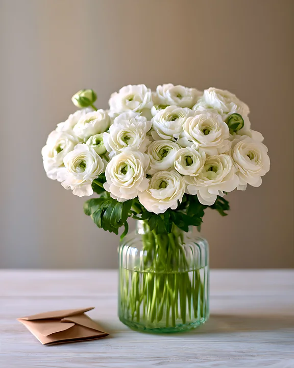 A bouquet of white ranunculus flowers sits in a clear glass vase on a wooden table.