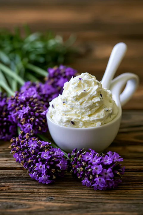 A bowl filled with a cream dose is placed next to fresh lavender flowers on a wooden surface.