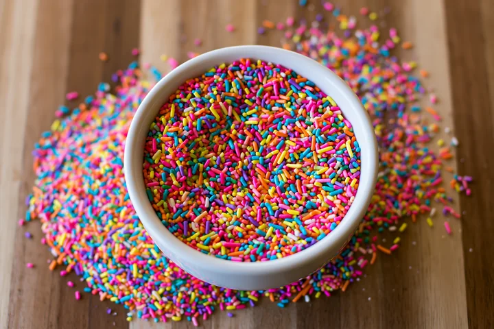 A bowl filled with colorful rainbow sprinkles is placed on a wooden table, surrounded by sprinkles arranged in a swirl pattern.