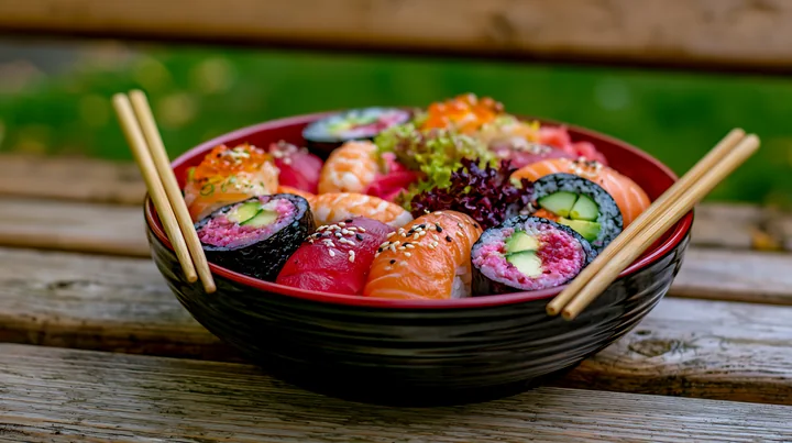 A bowl filled with various types of sushi sits on a wooden table surrounded by greenery.