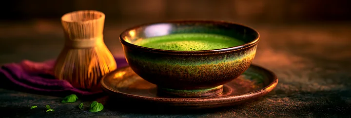 A bowl of green matcha tea sits on a dark surface next to a bamboo whisk.