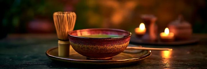 A bowl of matcha tea sits on a table beside a bamboo whisk and candles.